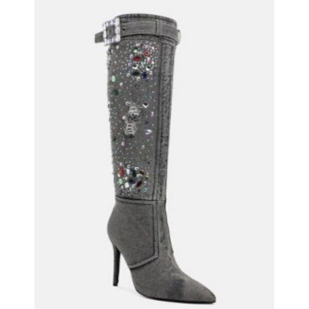 NEW! Women's London Rag Cornik Multi-Color Stone Black Denim Boots, Size 6.5